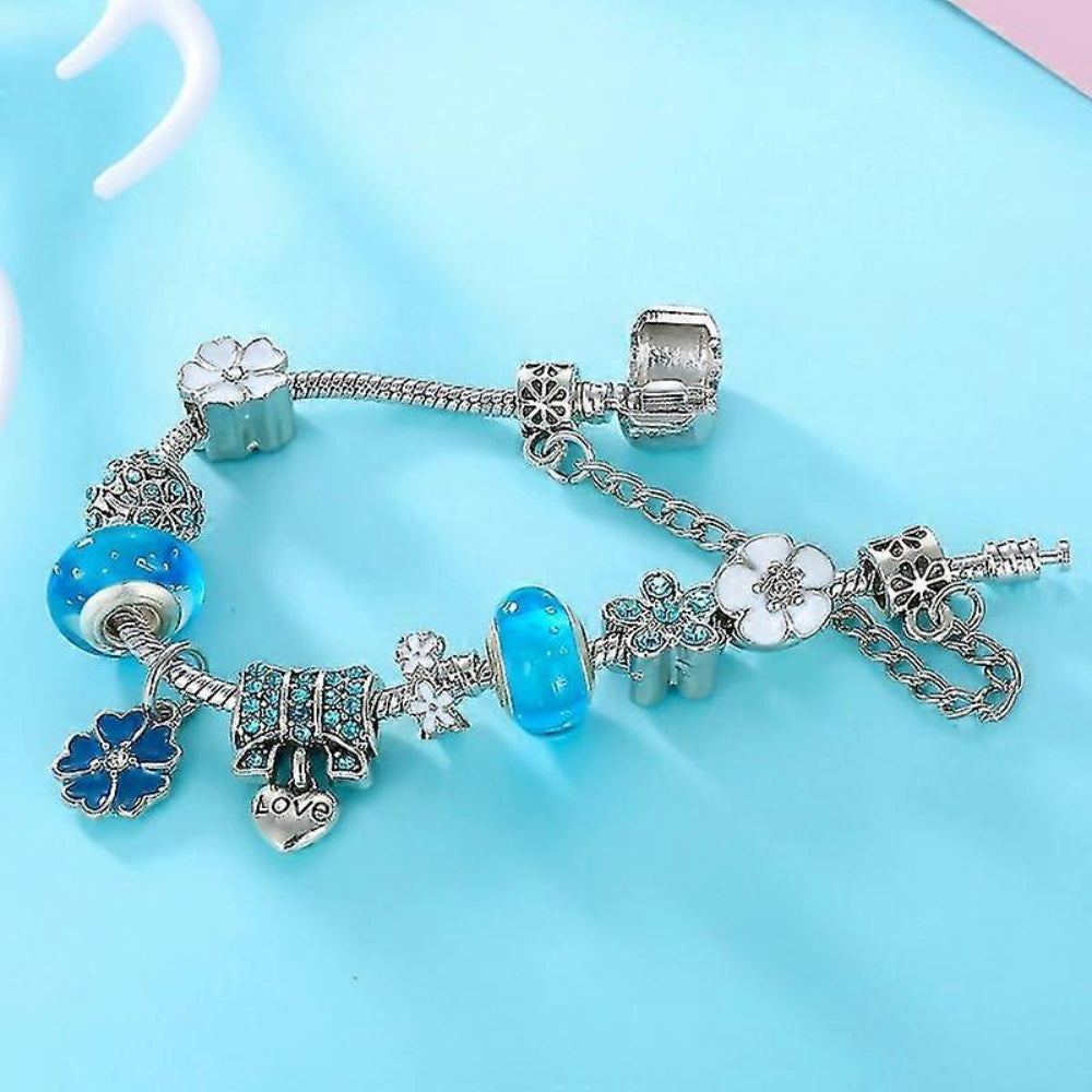Elegant Floral Sterling Silver Charm Bracelet Gift Set