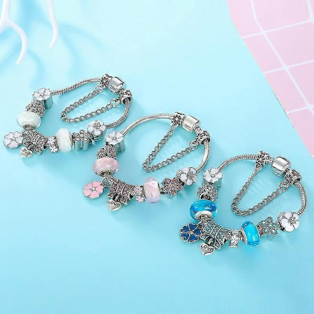 Elegant Floral Sterling Silver Charm Bracelet Gift Set