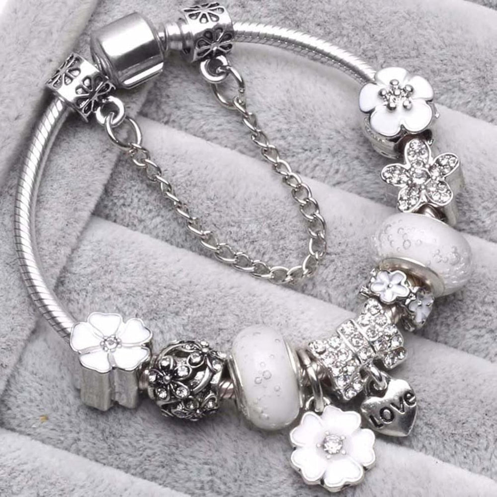 Elegant Floral Sterling Silver Charm Bracelet Gift Set