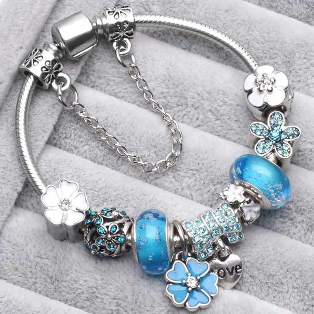 Elegant Floral Sterling Silver Charm Bracelet Gift Set