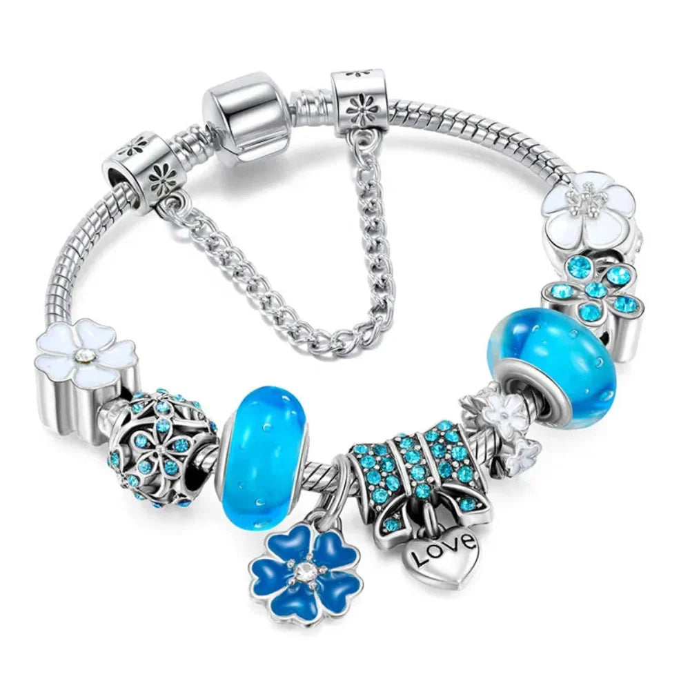 Elegant Floral Sterling Silver Charm Bracelet Gift Set