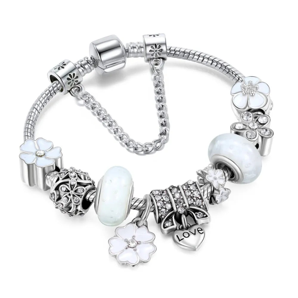 Elegant Floral Sterling Silver Charm Bracelet Gift Set