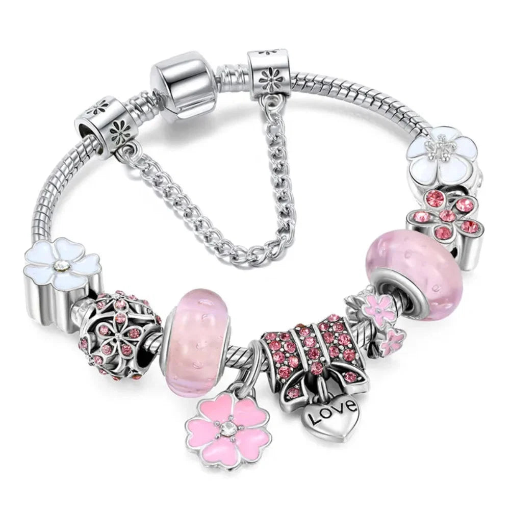 Elegant Floral Sterling Silver Charm Bracelet Gift Set