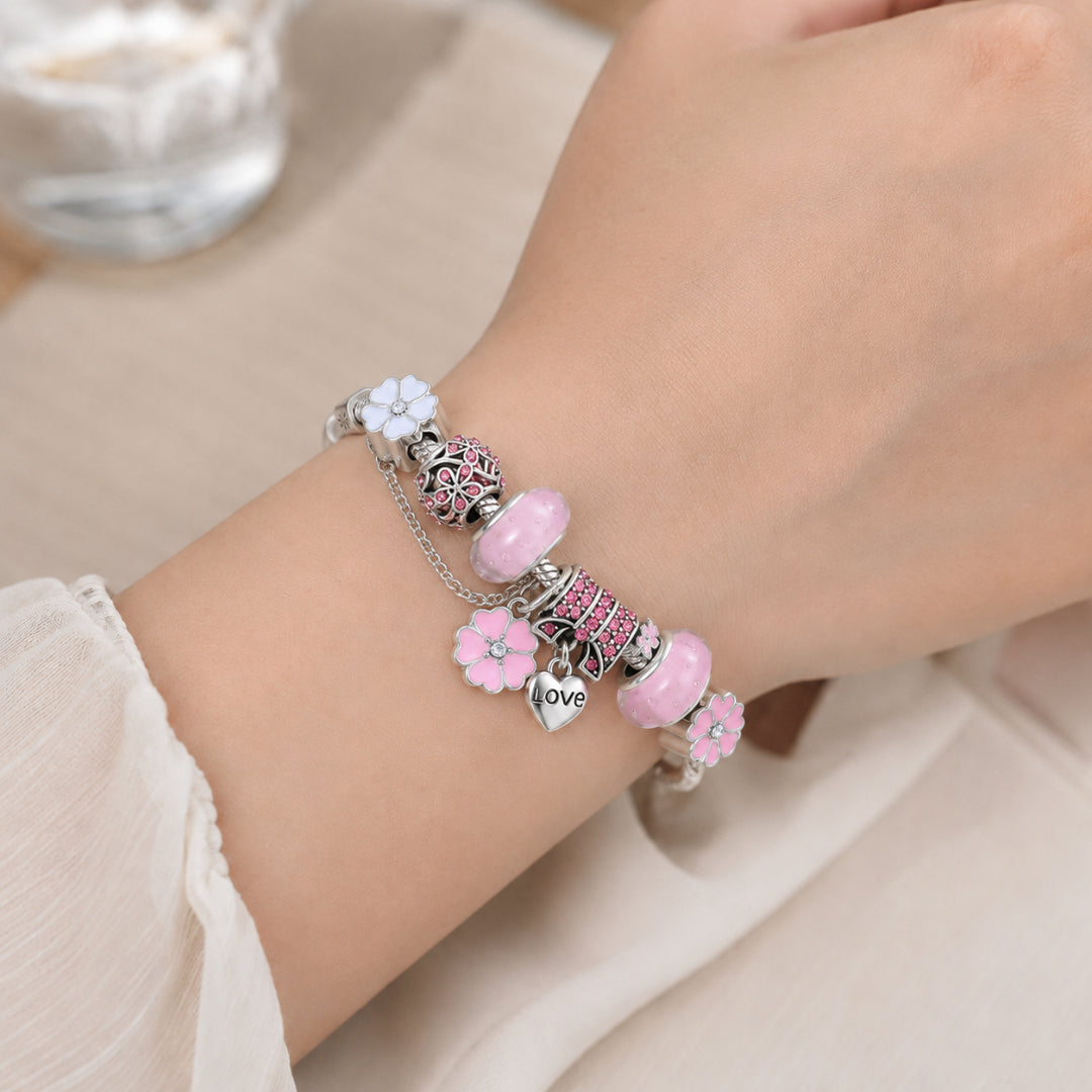 Elegant Floral Sterling Silver Charm Bracelet Gift Set