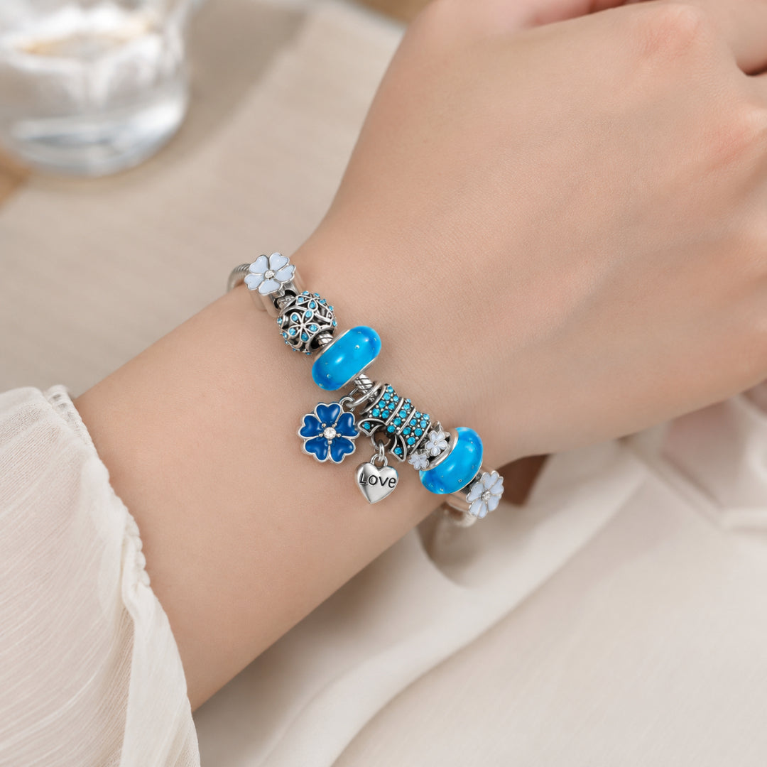 Elegant Floral Sterling Silver Charm Bracelet Gift Set