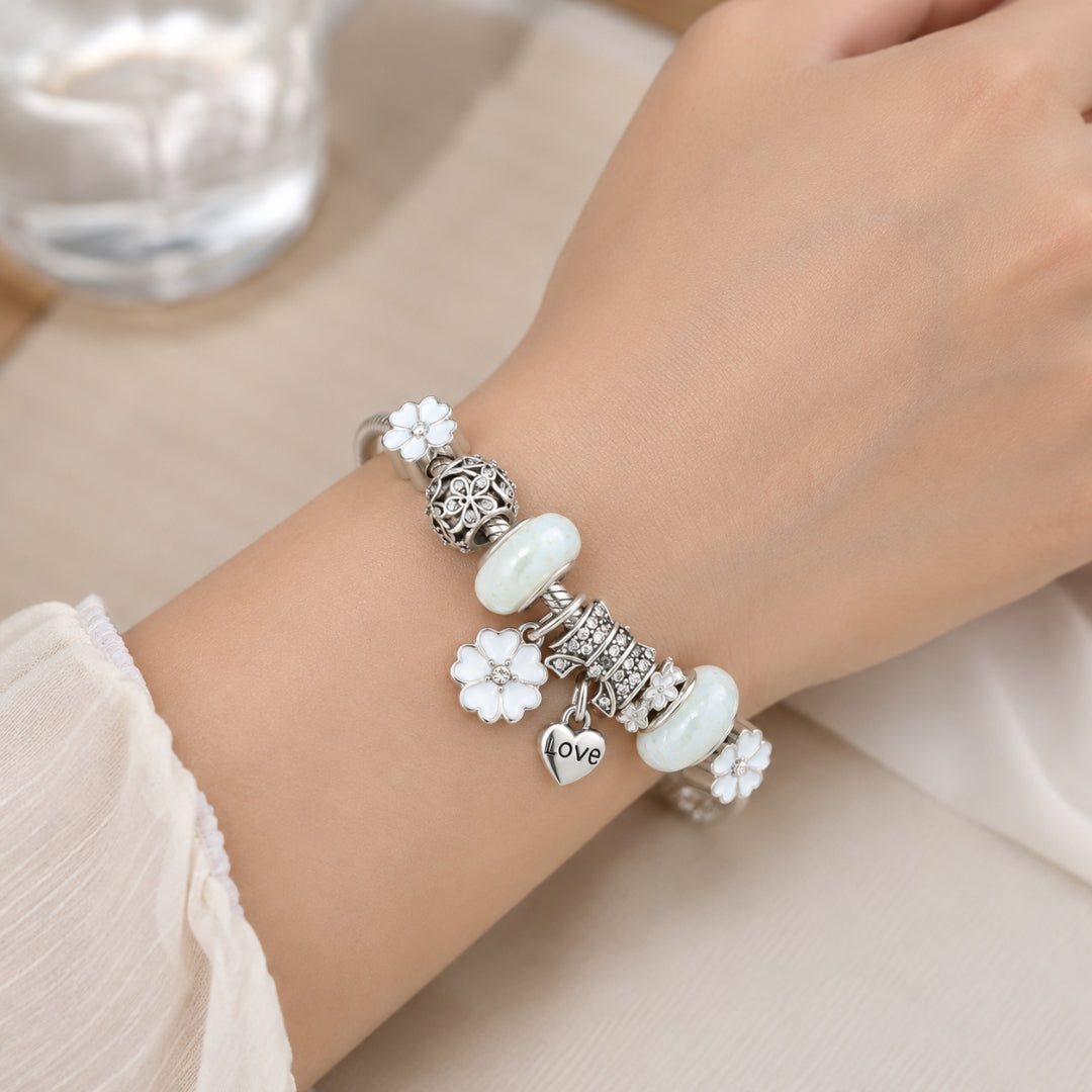 Elegant Floral Sterling Silver Charm Bracelet Gift Set