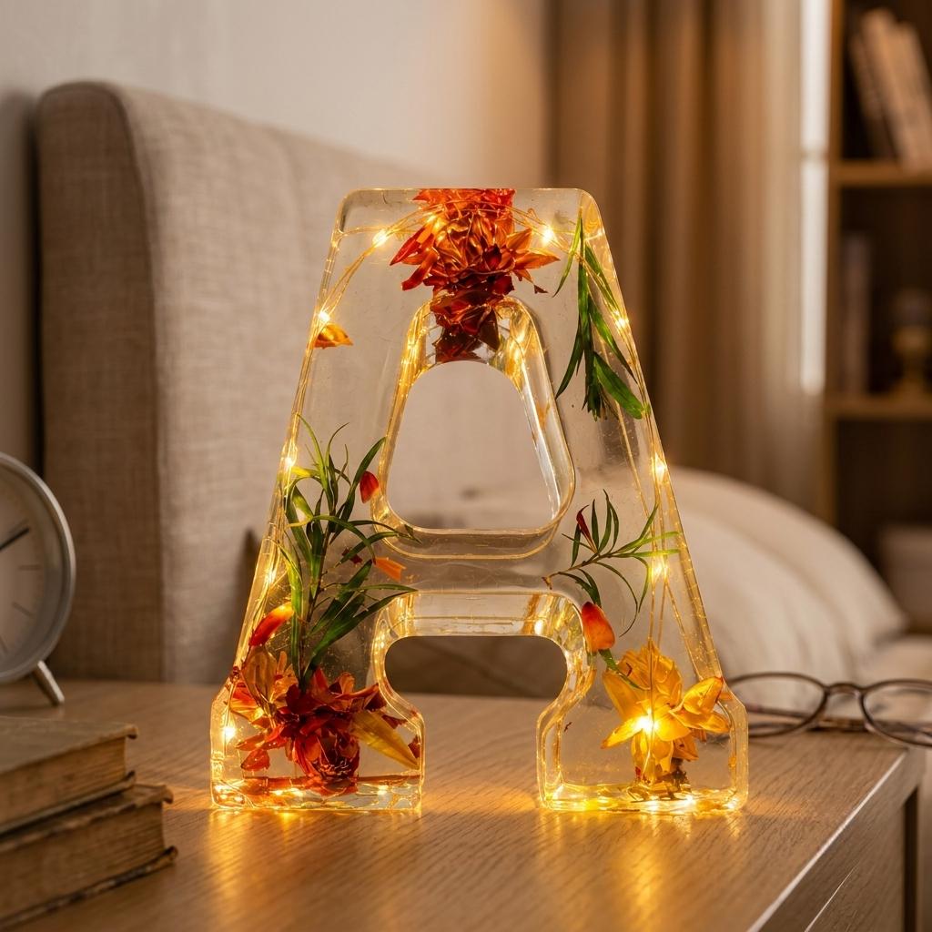 LED Resin Floral Letter Night Light Table Lamp