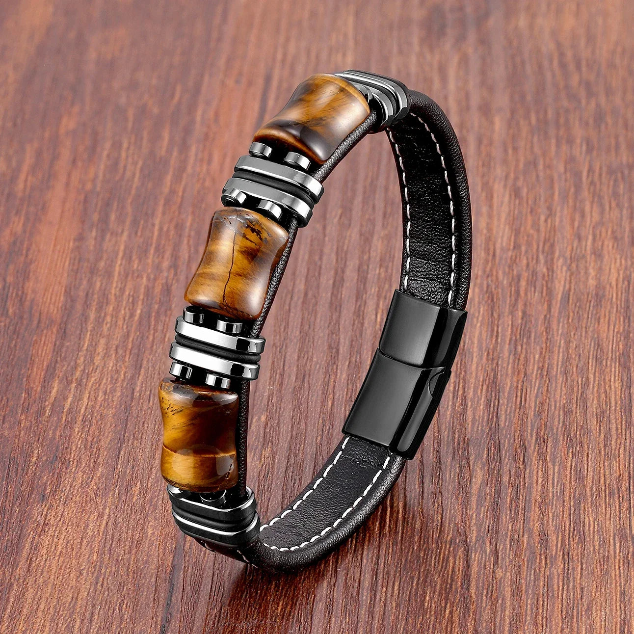 Leather Wrap Bracelet with Tiger's Eye Gemstone