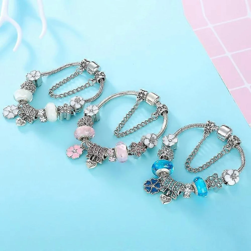 Elegant Floral Sterling Silver Charm Bracelet Gift Set